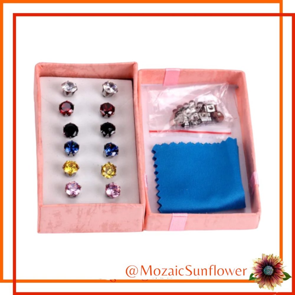 6 Multi Color Stainless Steel Post Hypo Allergenic Faceted Round Cut Crystal NWT